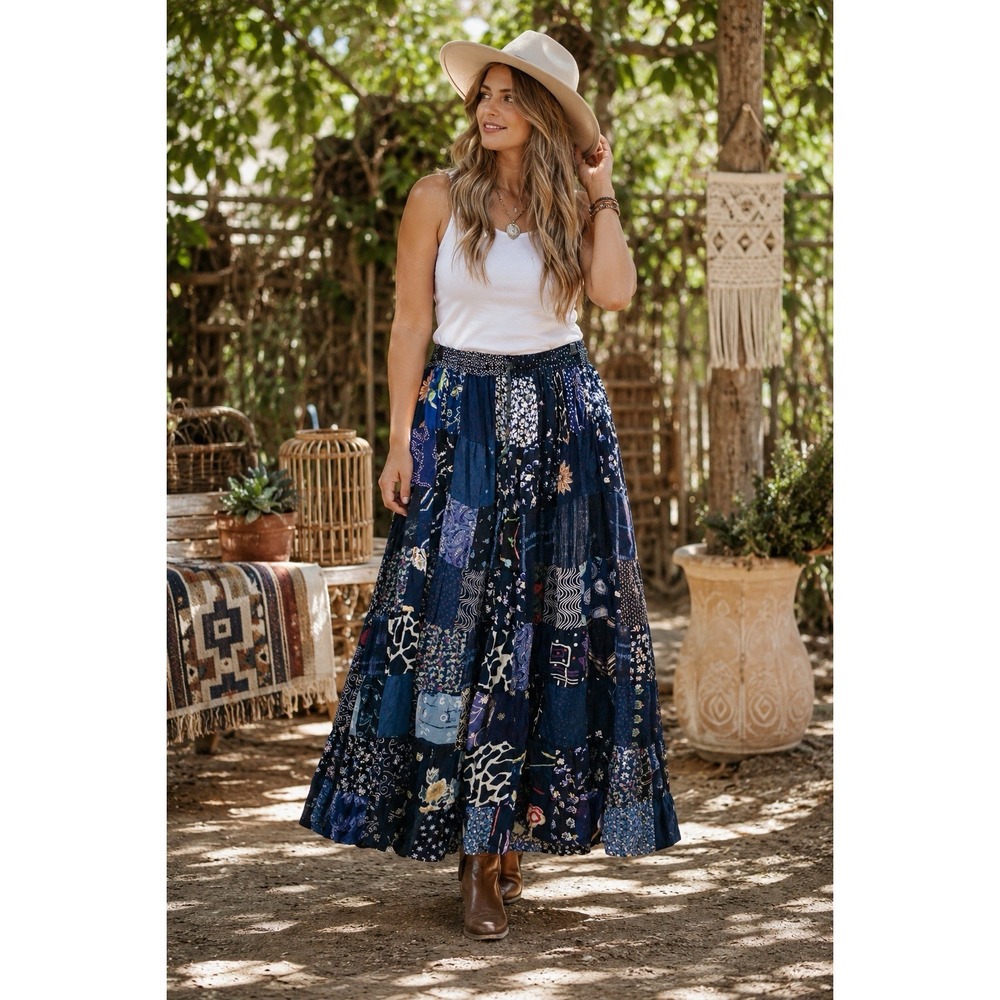 Advantage XL Blue Patchwork Boho Maxi Skirt Tiered Elastic Wst Cottage ZZ34